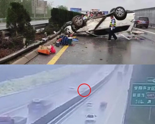 閉路電視拍到黑色車離奇消失一幕，現場卻只剩出事的白色車。（網圖）