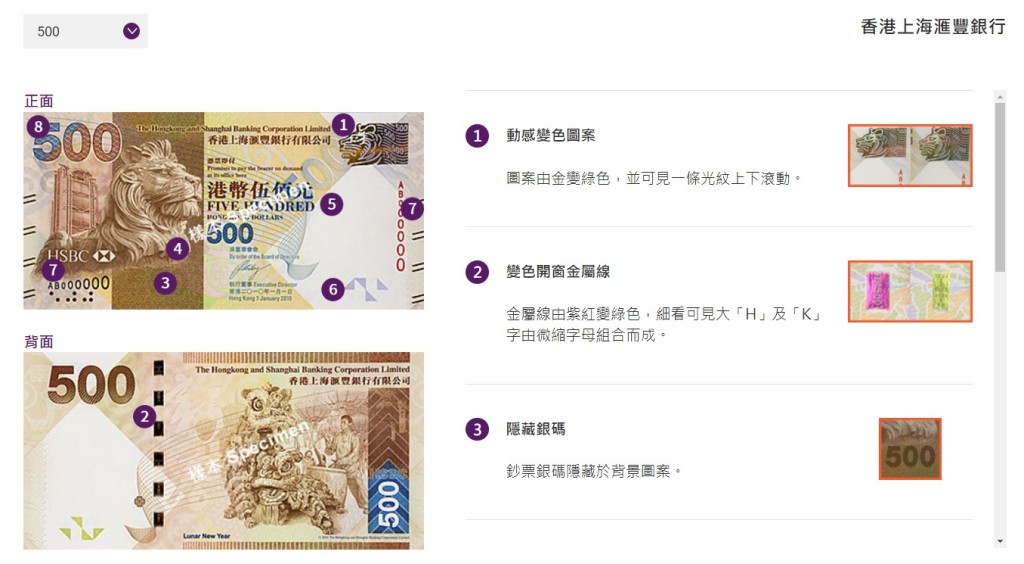 真鈔票的設計與防偽特徵。(金管局網站截圖)