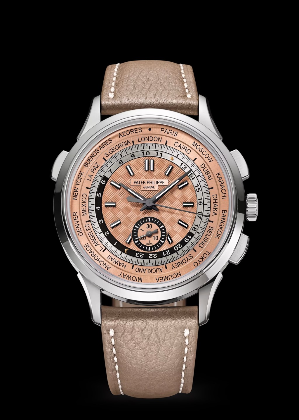 Patek Philippe Ref. 5935A-001 World Time Flyback Chronograph,錶殼:41mm不鏽鋼 / 機芯:CH 28-520 HU自動 / 售價:$500,600。 Patek Philippe Ref. 5935A-001 World Time Flyback Chronograph,錶殼:41mm不鏽鋼 / 機芯:CH 28-520 HU自動 / 售價:$500,600。