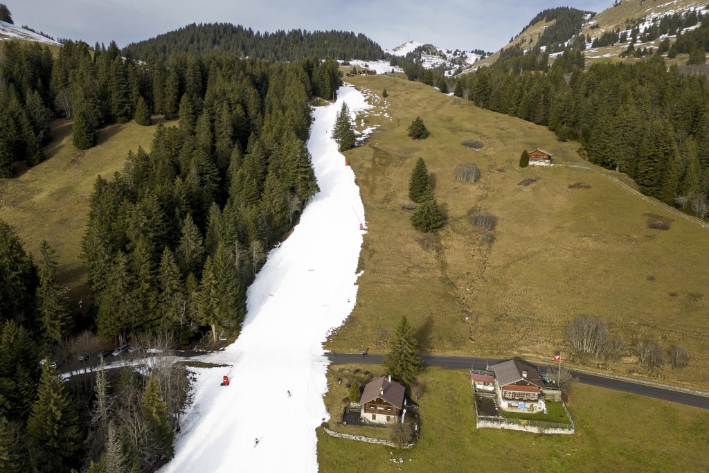 欧洲多个滑雪区积雪不足露出草坡。 AP