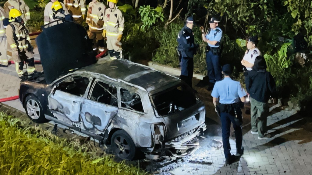 清水灣道行人路一輛私家車焚毀，事件有可疑。蔡楚輝攝
