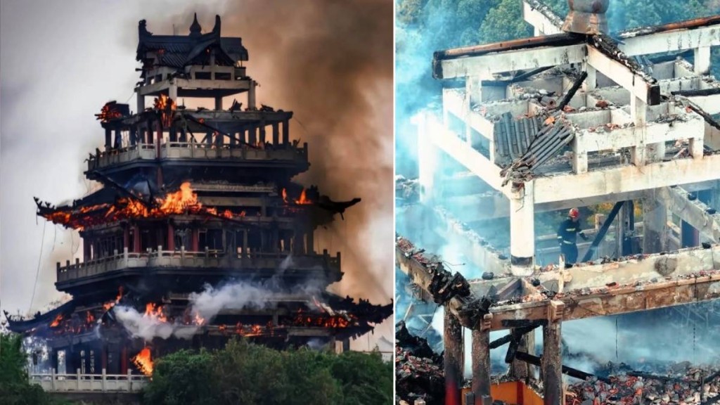 江蘇永慶寺火警，仿古重建的文昌閣燒通頂。抖音