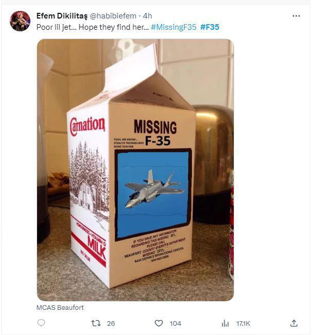 有網民把F-35變成牛奶盒上的廣告，跟協助尋找失蹤兒童常用的廣告一樣。網上圖片