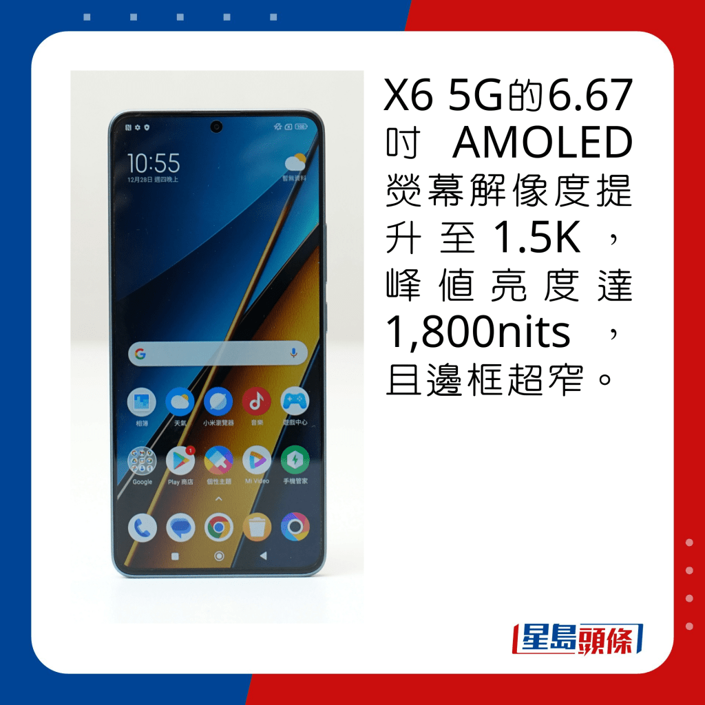 X6 5G的6.67寸AMOLED荧幕解像度提升至1.5K，峰值亮度达1,800nits，且边框超窄
