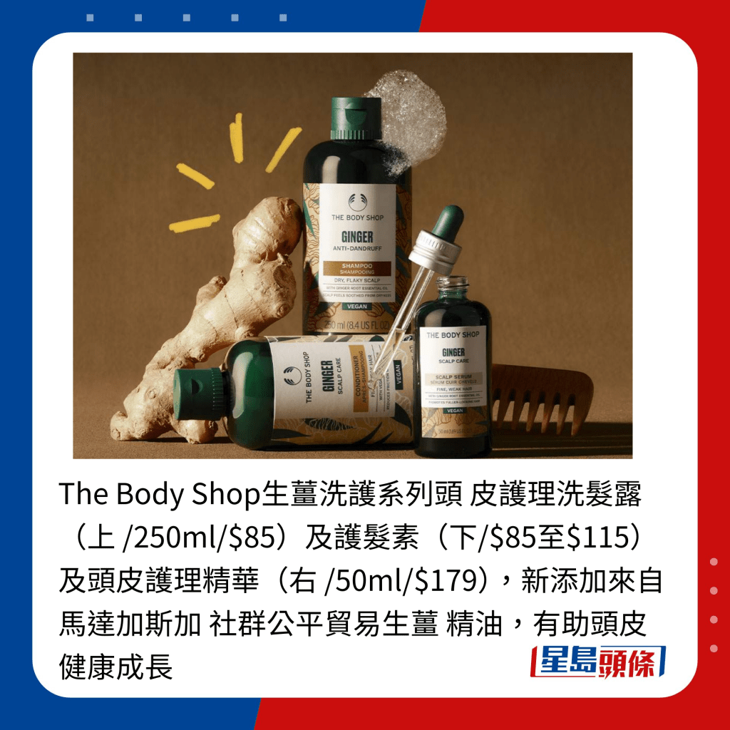 The Body Shop生姜洗护系列头 皮护理洗发露（上 /250ml/$85）及护发素（下/$85至$115） 及头皮护理精华（右 /50ml/$179），新添加来自马达加斯加 社群公平贸易生姜 精油，有助头皮健康成长