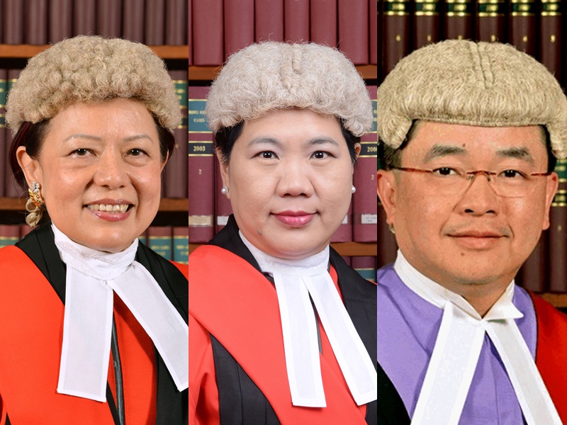 (左起)杜麗冰、彭寶琴及陳嘉信，3名法官組成的審判庭席前開審。