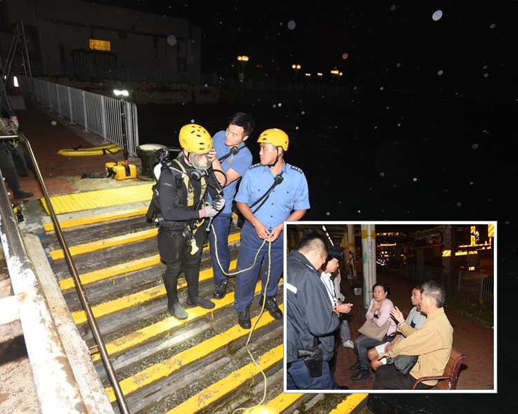 消防蛙人下海打撈至凌晨四時，沒有發現下暫時收隊離場，今早再出動搜救。