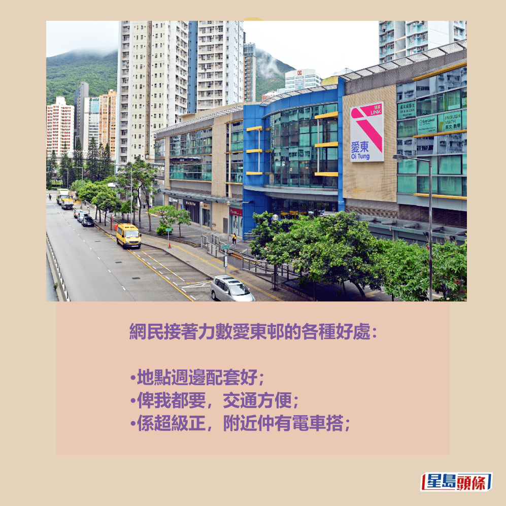 網民接著力數愛東邨的各種好處: •地點週邊配套好; •俾我都要,交通方便; •係超級正,附近仲有電車搭;網上截圖 網民接著力數愛東邨的各種好處: •地點週邊配套好; •俾我都要,交通方便; •係超級正,附近仲有電車搭;網上截圖