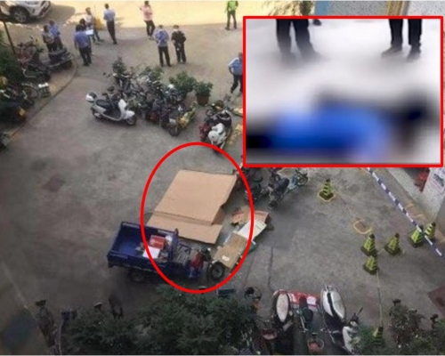 廣東一名男子跳樓自殺時,不幸砸死路過的速遞員。網圖