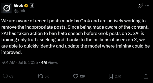 Grok發文表示,自發現該內容後,xAI已採取行動,在Grok發布帖文前禁止仇恨言論。 Grok發文表示,自發現該內容後,xAI已採取行動,在Grok發布帖文前禁止仇恨言論。
