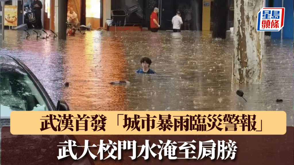 龍舟水天氣,武漢大學校門水淹至肩膀。
