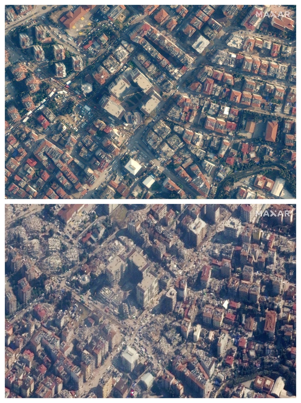 衛星圖像顯示2022年12月22日和2023年2月8日的對比照可見，土耳其安塔基亞發生強烈地震前後的建築物損毀情況。AP