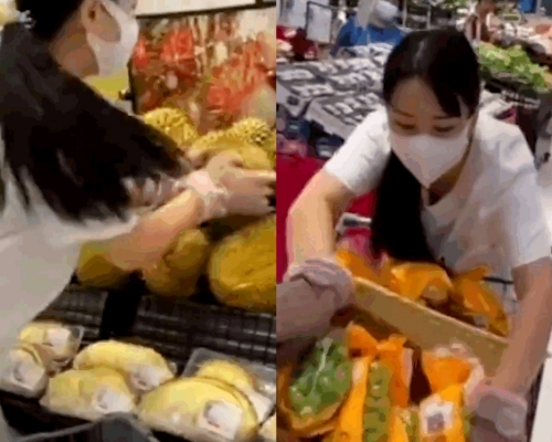 女員工竟搬走一車榴槤等水果。影片截圖
