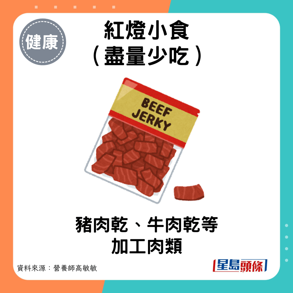 紅燈小食：豬肉乾、牛肉乾等加工肉類。