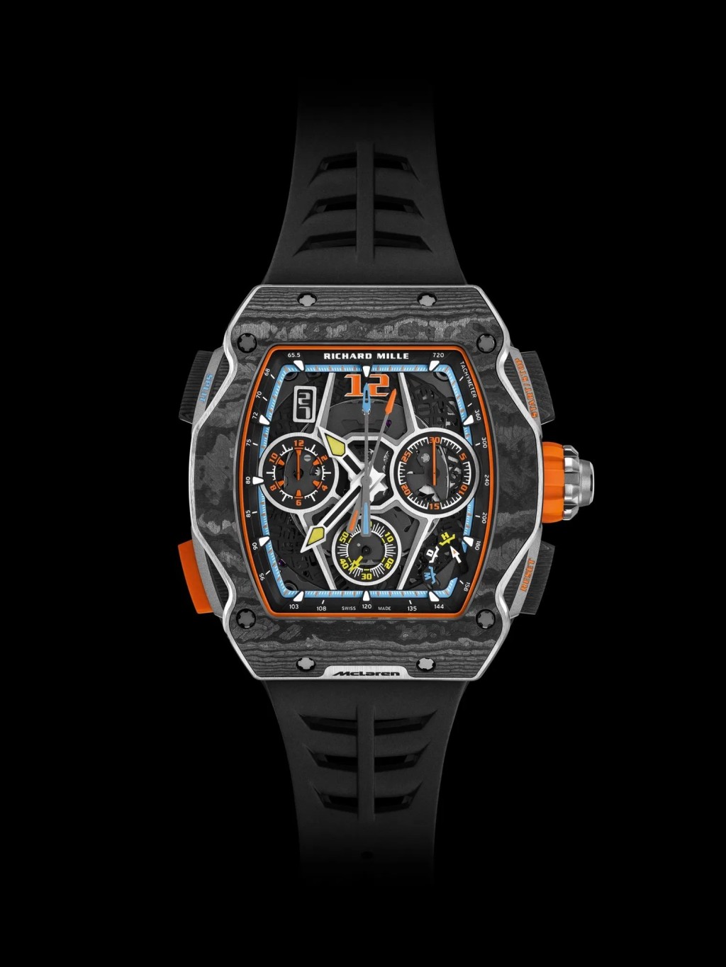 Richard Mille×McLaren F1 Team RM 65-01 Automatic Split-Seconds Chronograph McLaren W1 ，錶殼：43.84×49.94mm鈦金屬及碳纖維TPT/ 機芯：RMAC4自動/ 限量：500枚/ 售價：$3,223,000。