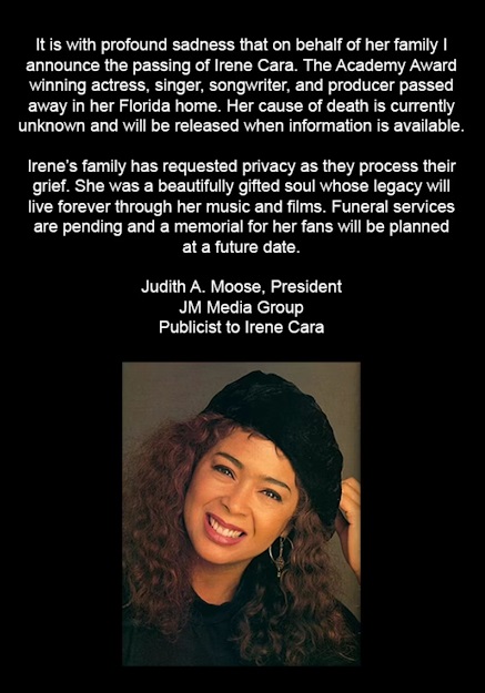發言人Judith Moose發聲明公佈Irene的死訊。