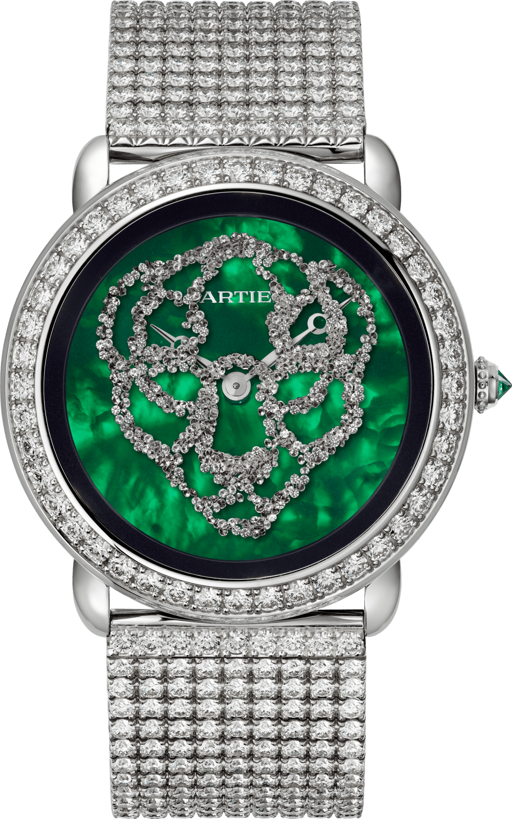 Révélation d'une Panthère系列37亳米18K白金腕表，搭載430 MC型手動上鏈機械機芯，綠色珍珠母表盤，美洲豹裝飾鑲嵌六百五十顆圓形明亮式切割鑽石，鍍銠飾面蘋果形精鋼指針。18K白金表鏈，鑲嵌圓形明亮式切割鑽石。限量二十枚，附獨立編號。（個別定價）