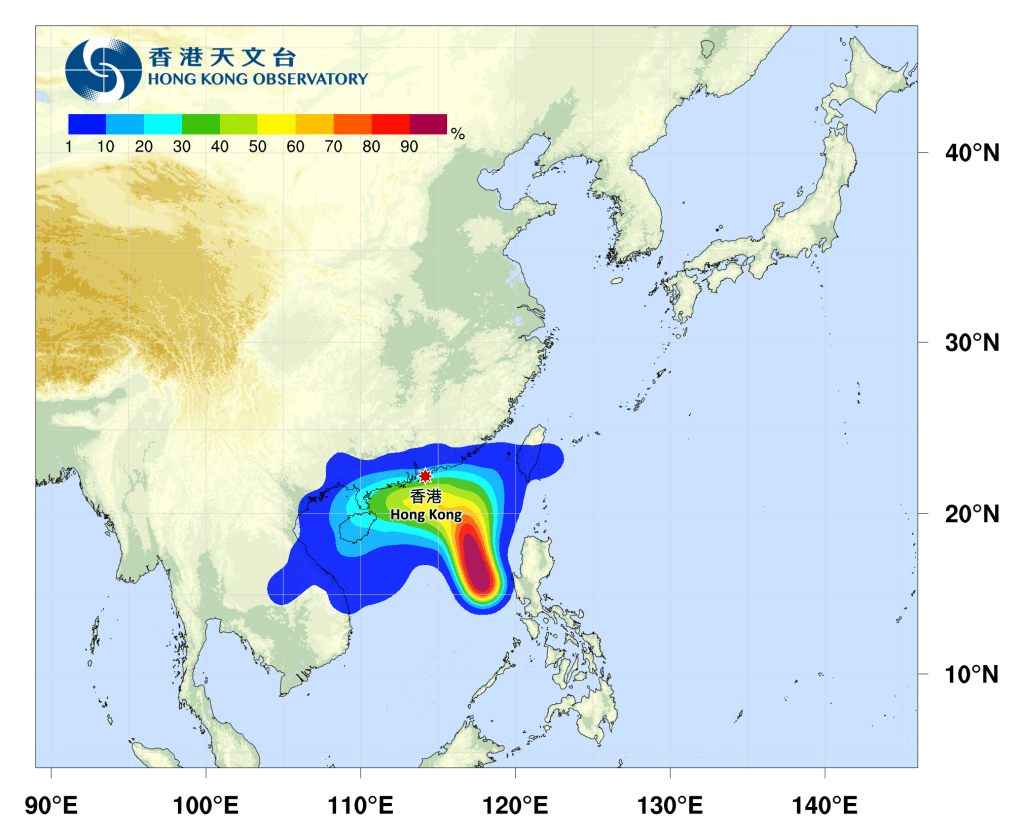 風暴尼格的熱帶氣旋路徑概率預報。天文台