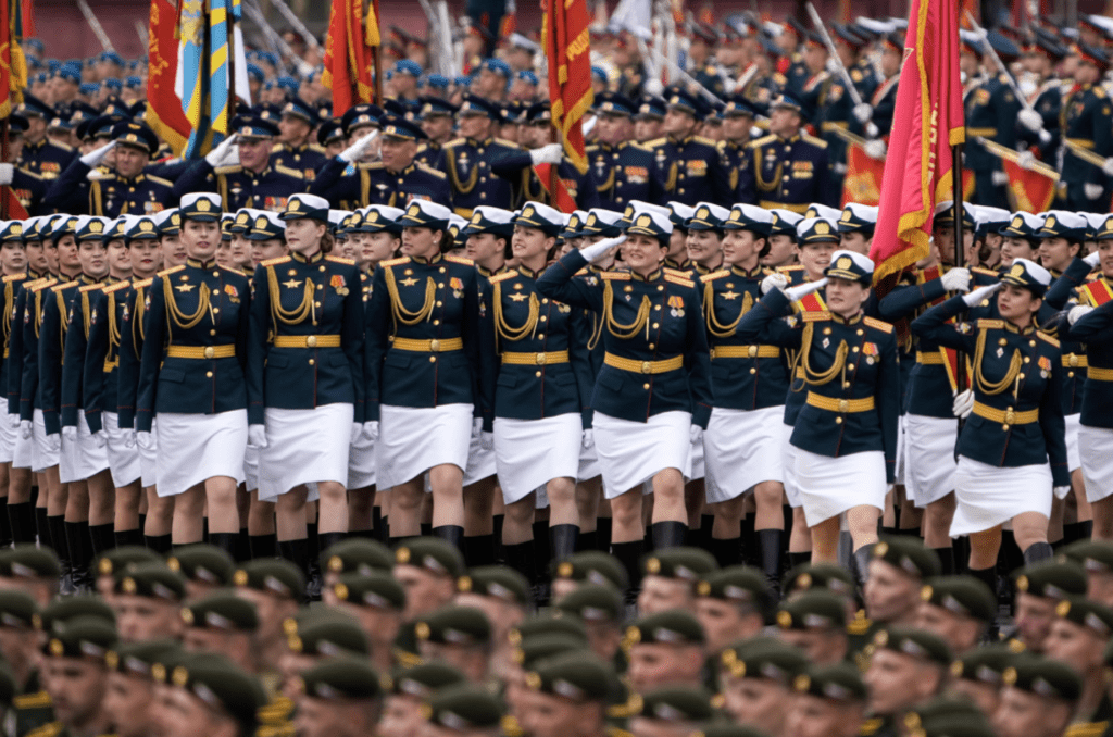 今月9日，俄羅斯多個城市與各地軍區舉辦第二次世界大戰「勝利日」79周年慶祝活動，圖為首都莫斯科紅場的女兵閱兵儀式。美聯社