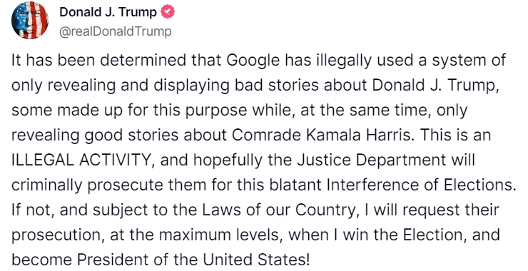 特朗普發貼文，稱當選後將起訴GOOGLE。