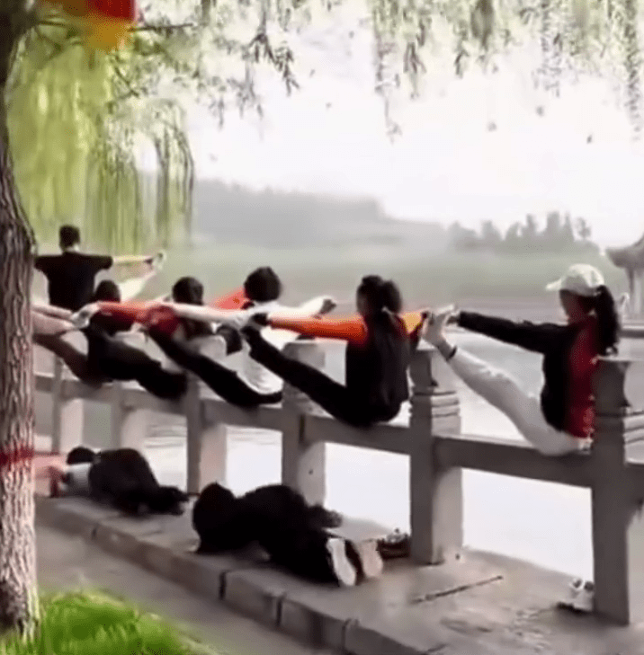 多名大媽將湖邊石欄杆的柱頭當成「瑜伽墊」，大玩高難度「擘髀」動作，地上還有人在爬行。