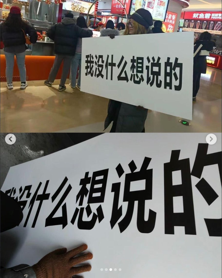 河南有女子舉牌「沒什麼想說」，但直播迅速被關停。社交平台X