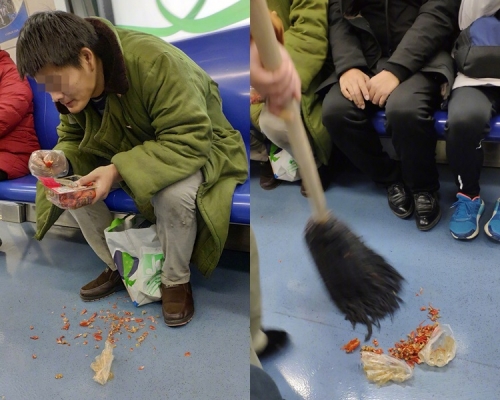 北京一名男子竟因心情不好而在地鐵吃小龍蝦，還將蝦殼丟到地上。網圖