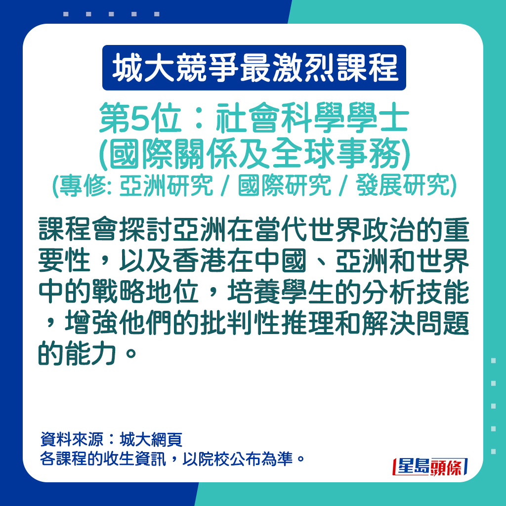 社会科学学士(国际关系及全球事务) (专修: 亚洲研究 / 国际研究 / 发展研究) 的课程简介。