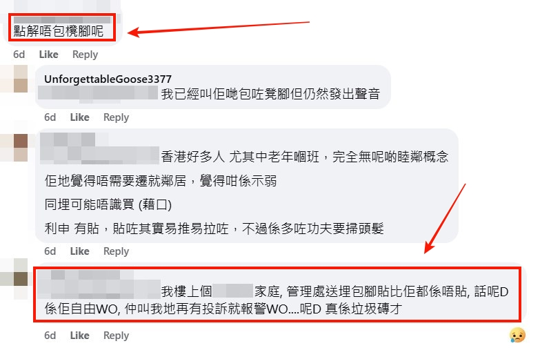facebook截圖（資料來源：UnforgettableGoose3377＠facebook樓上噪音苦主大聯盟（香港））