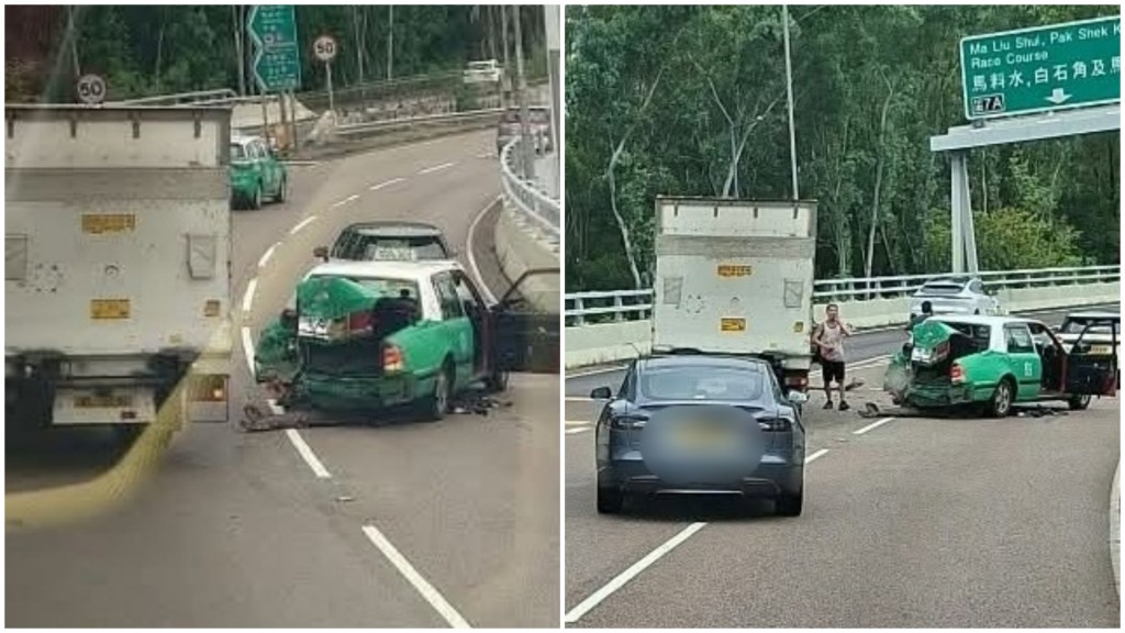 大老山公路往大埔方向近沙田污水處理廠發生三車相撞意外。fb香港公共交通智庫圖片