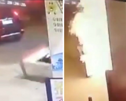 廣東揭陽私家車未拔油槍拉倒入油機，油站發生爆炸。網上圖片