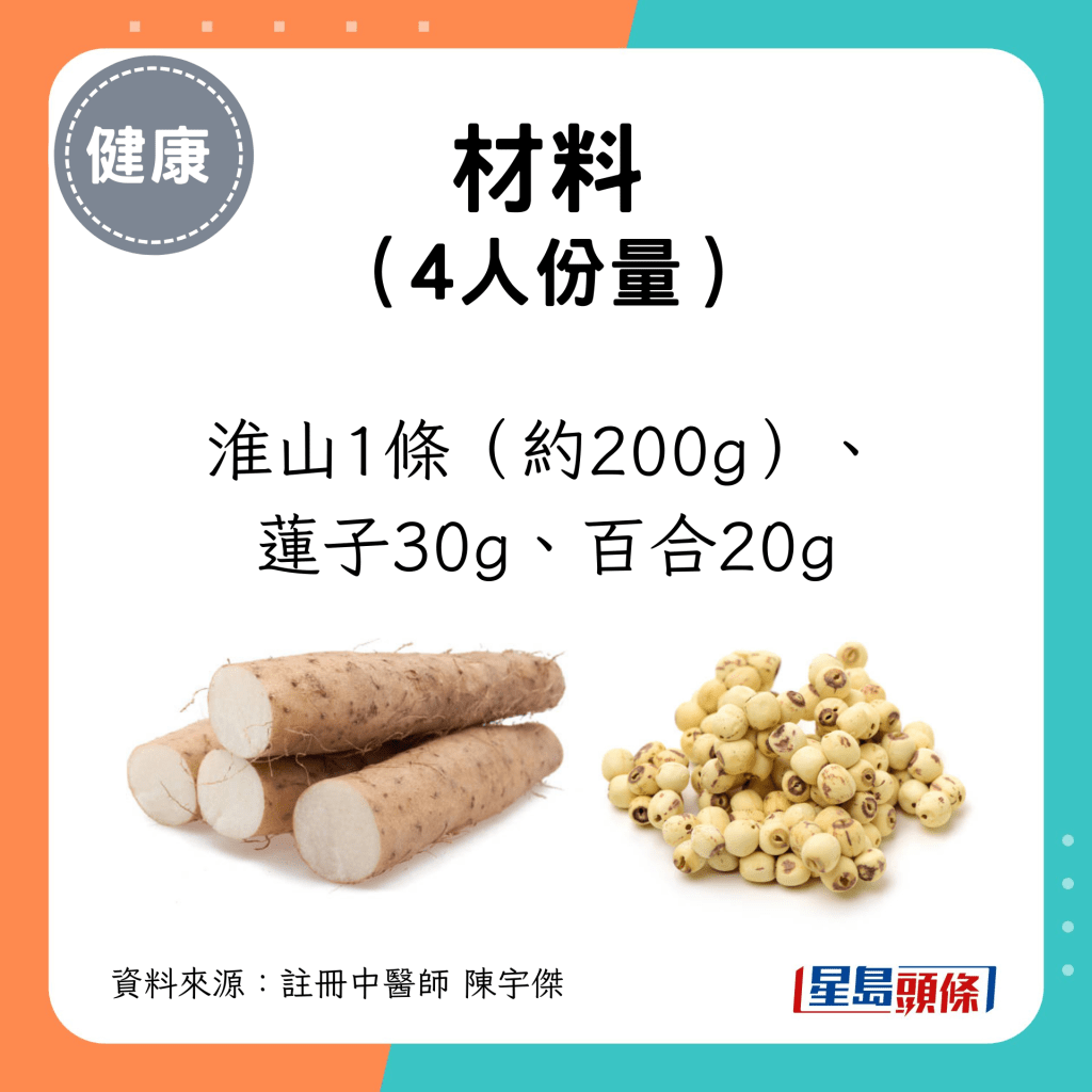 山药莲子粥材料 （4人份量）