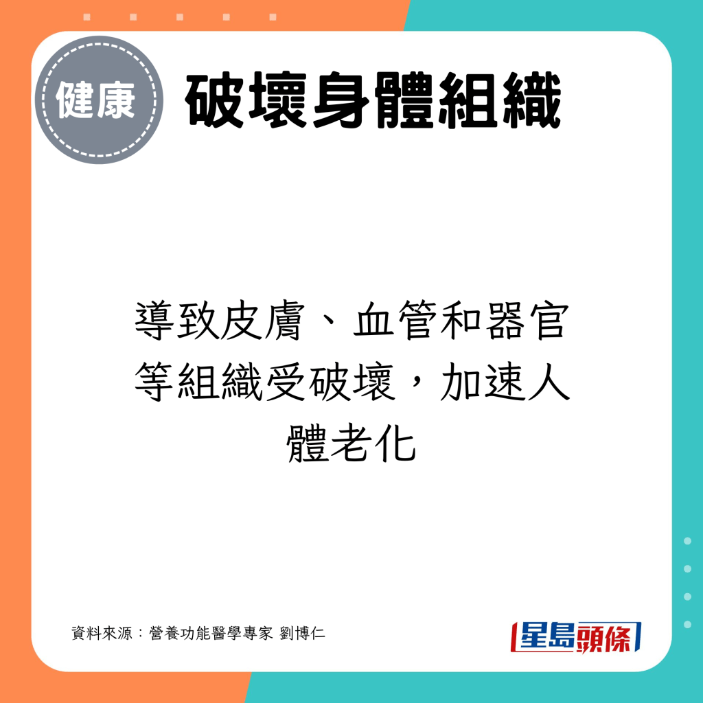 导致皮肤、血管和器官等组织受破坏，加速人体老化