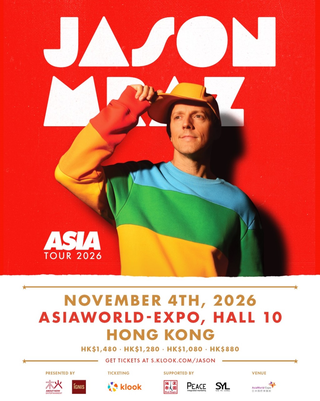 Jason Mraz將於今年11月4日假亞洲國際博覽館10號展館舉行演唱會。 Jason Mraz將於今年11月4日假亞洲國際博覽館10號展館舉行演唱會。