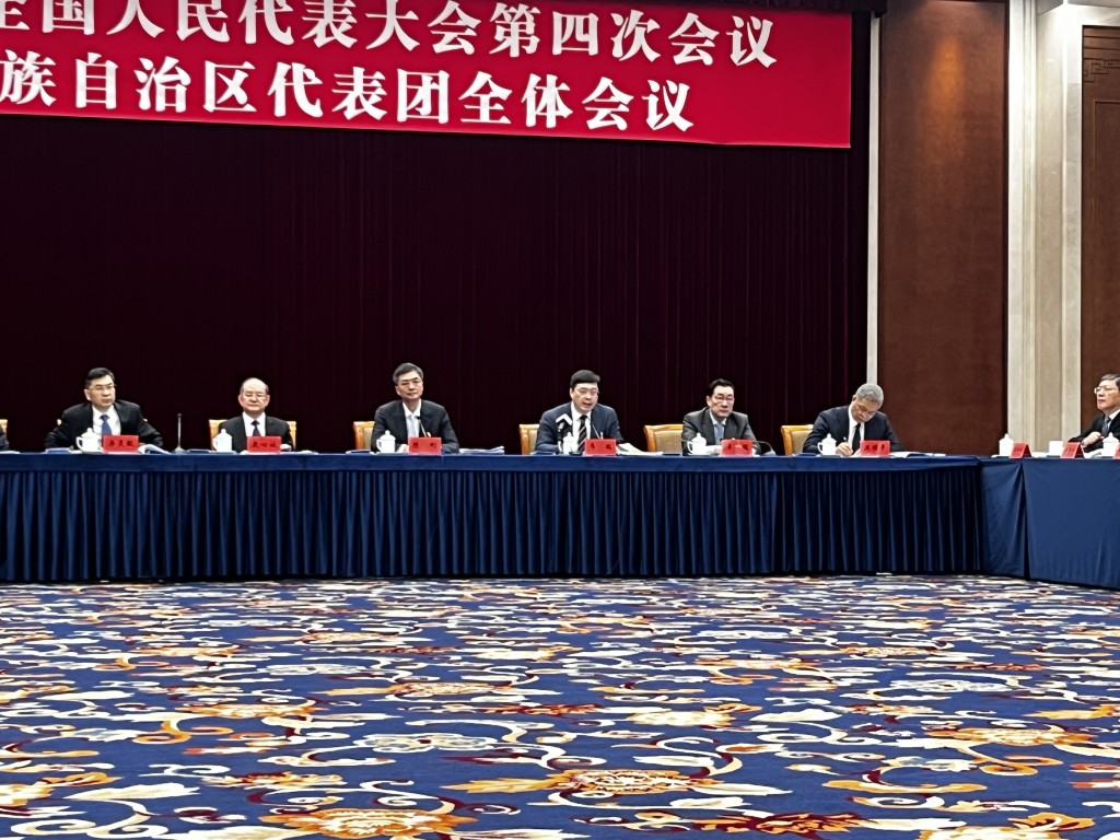廣西壯族自治區全國人大代表、黨組書記、自治區主席韋韜（右三）發言。