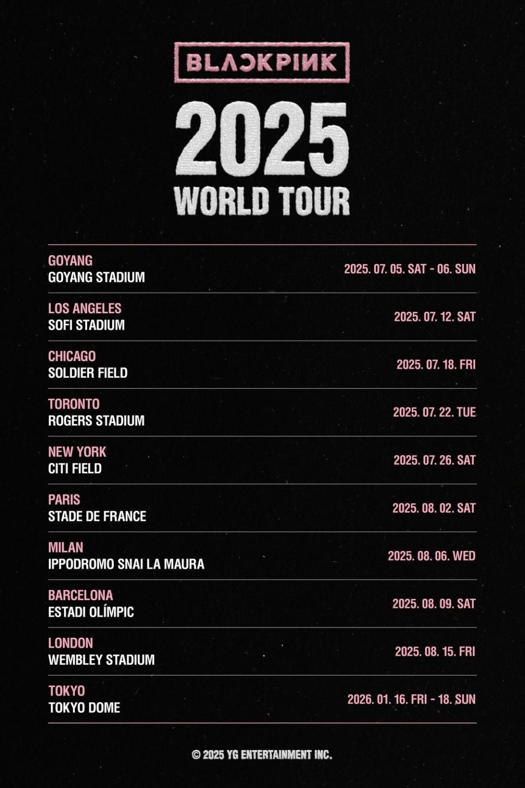 YG昨晚突然公開了世巡的時間表,BLACKPINK由7月5日起以韓國高陽市體育館為起點,之後陸續歐美多地演出。 YG昨晚突然公開了世巡的時間表,BLACKPINK由7月5日起以韓國高陽市體育館為起點,之後陸續歐美多地演出。