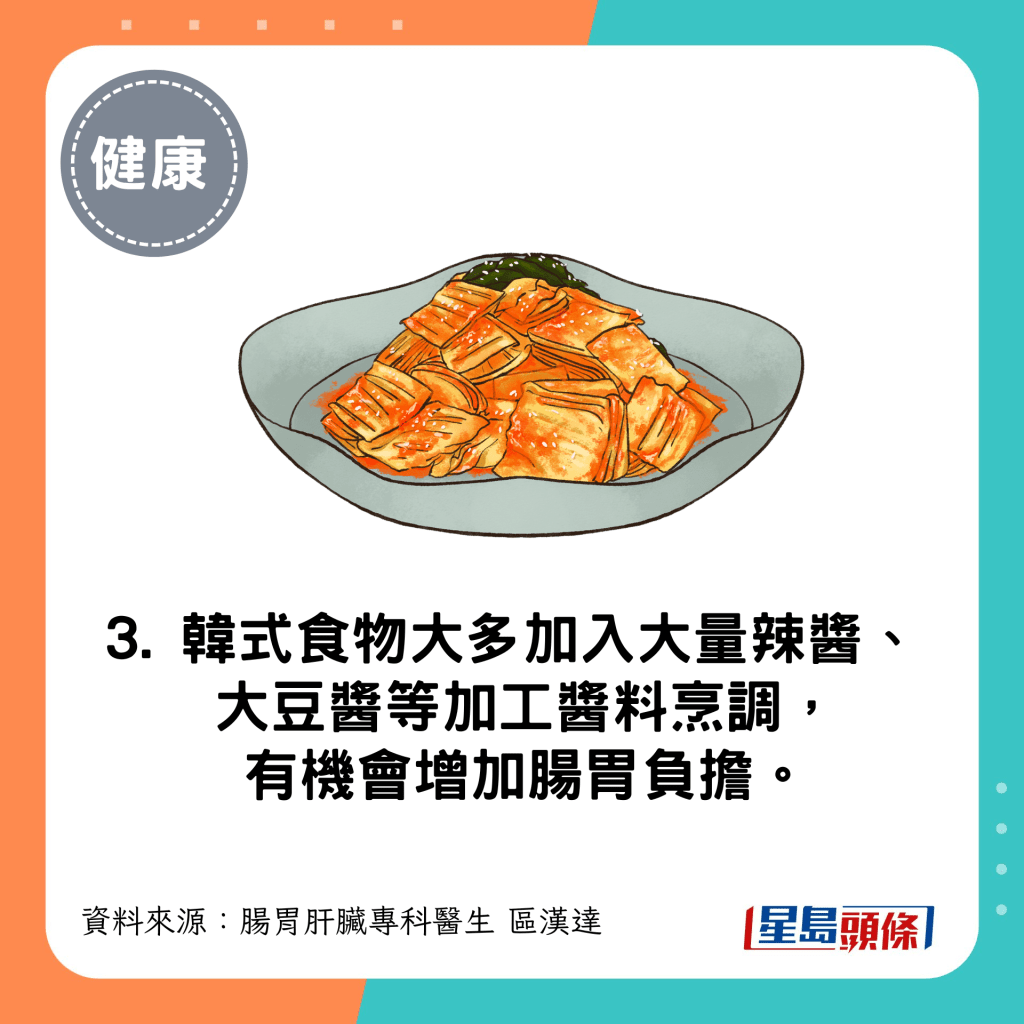 韓式食物大多加入大量辣醬、大豆醬等加工醬料烹調，有機會增加腸胃負擔。