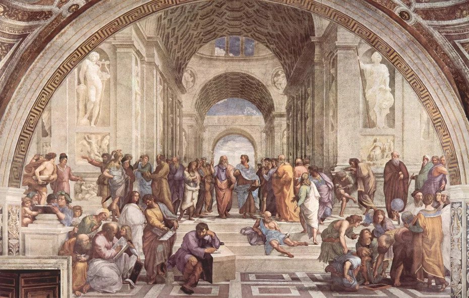 圖為文藝復興時期畫家拉斐爾(Raffaello Sanzio)所繪壁畫「雅典學院」(The School of the Athens)。在透視點的二人分別為柏拉圖及亞里斯多德。