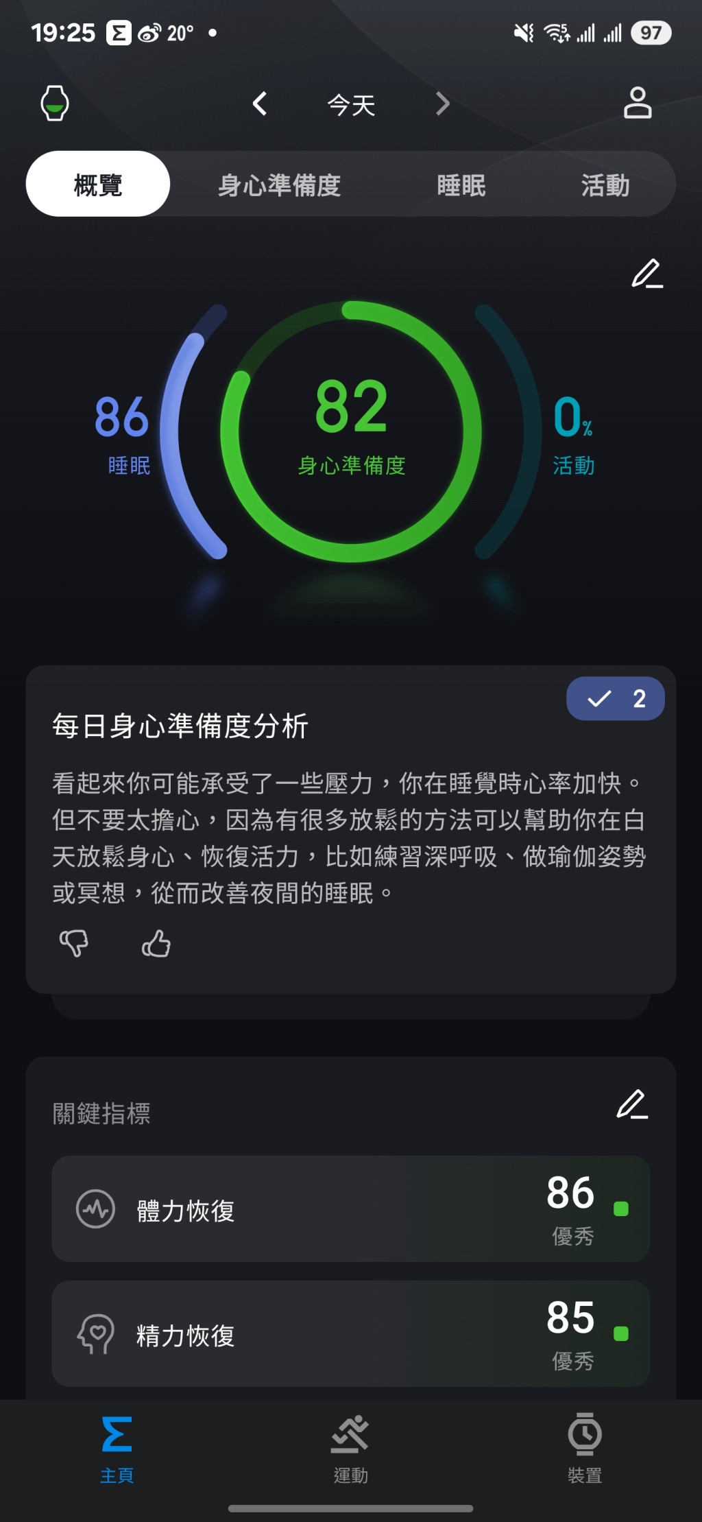 身心準備度是AI綜合各種數據而得出,好讓閣下了解身心狀態是否適合運動訓練。