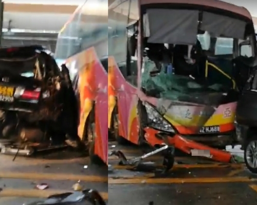旅游巴猛烈推撞私家車。突發事故報料區影片截圖