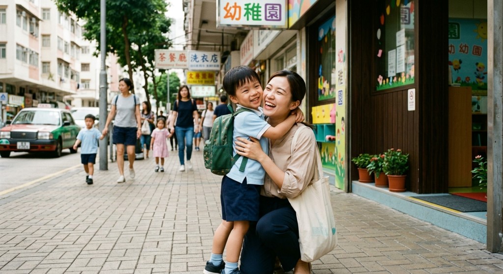 將告別的儀式「縮短」，給予孩子一個簡單的擁抱比起「長篇大論」說再見更好。（AI生成示意圖）