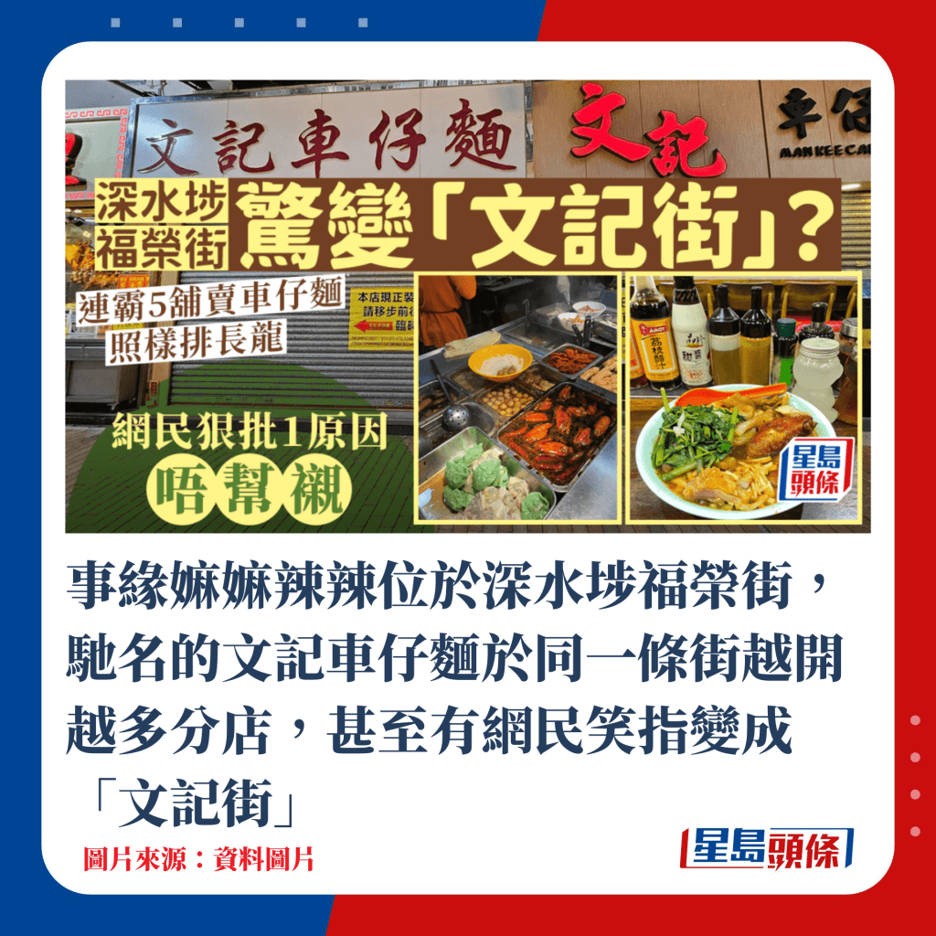 事缘嫲嫲辣辣位于深水埗福荣街，驰名的文记车仔面于同一条街越开越多分店，甚至有网民笑指变成「文记街」