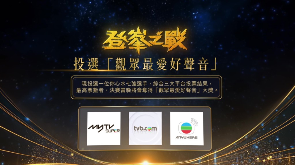 观众可透过 MyTV SUPER、tvb.com 及 TVB Anywhere 三大平台,投选心目中的「观众最爱好声音」。 观众可透过 MyTV SUPER、tvb.com 及 TVB Anywhere 三大平台,投选心目中的「观众最爱好声音」。