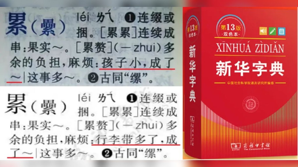 最新版《新華字典》內容用上「行李帶多了，成了累贅」。