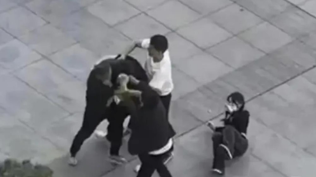 监控视频见到醉汉闯入校园与小超等男生纠缠。旁为被调戏遭吓至倒地的女生。