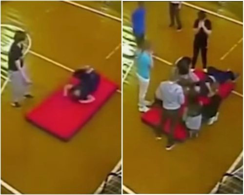 男童做前滾翻動作姿勢不正確，落地後脊椎應聲斷裂。影片截圖