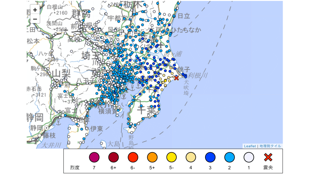 日本千葉縣東北部5.4級地震　東京震感強烈　無海嘯風險。日本氣象廳網頁截圖