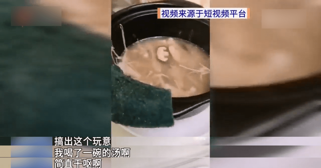 食客的视频看到一大块洗碗布在汤煲中出现。