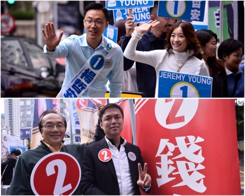圖上，楊哲安帶同太太拉票。圖下，梁家傑為錢志健拉票。
