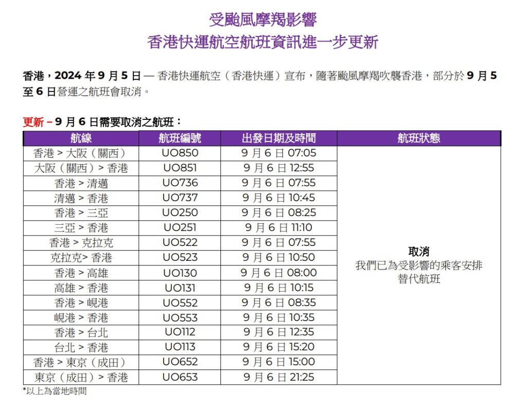 HK Express 9月6日取消16班机。